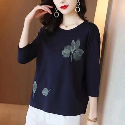 Autumn Spring Leaf Pattern Embroidery T-Shirt O-Neck Three Quarter Sleeve T-shirts Women's Loose Fit Top