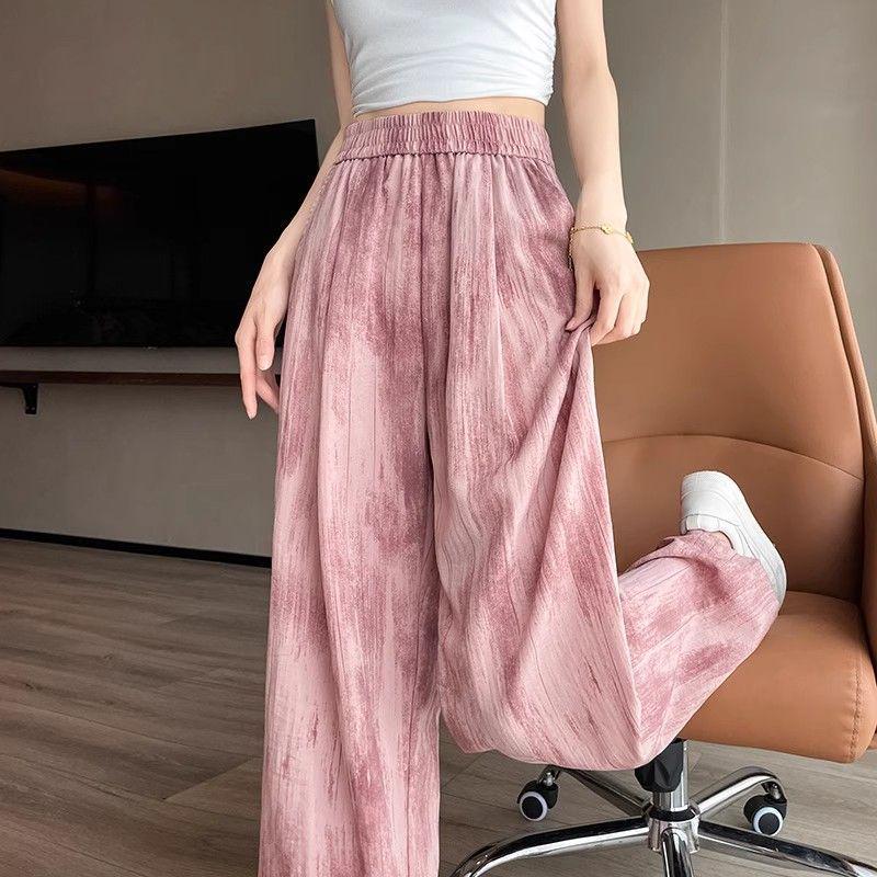 Damskie spodnie z lodowego jedwabiu tie-dye przeciw komarom - Letnie, z wysokim stanem, chroniące przed słońcem, Duże rozmiary, Codzienne, prosty krój.