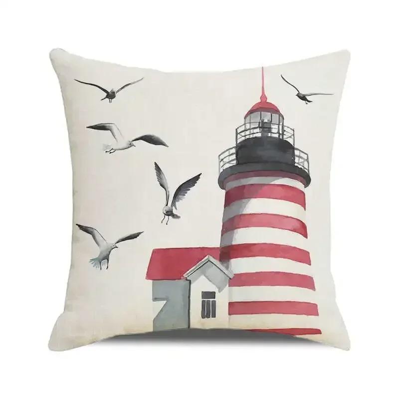 Watercolor Painting Nautical Lighthouse Ocean Seagull Boat Home Sofa Cushion Cover Home Decor Pillowcase