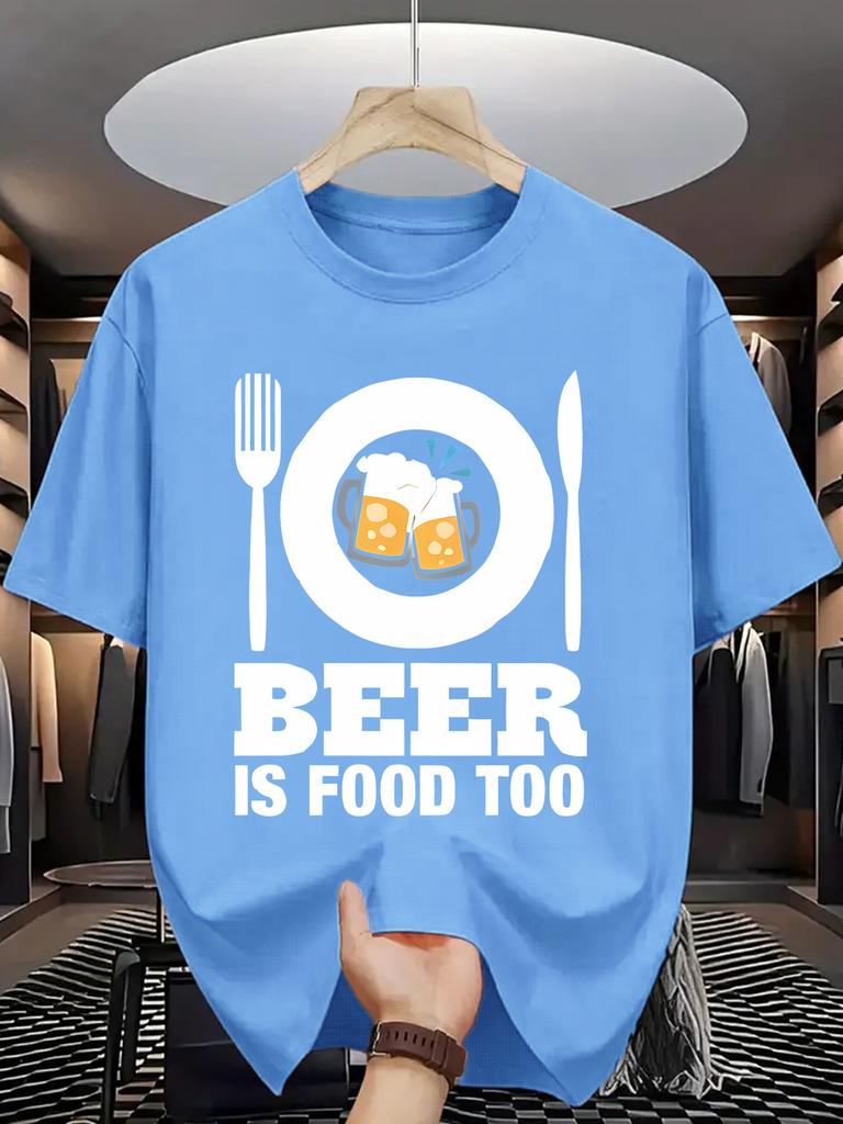 Unisex O Neck Tee Beer Tableware Letter Print Cotton Short Sleeve Loose Summer Street Breathable Daily Casual Basic Wear Top