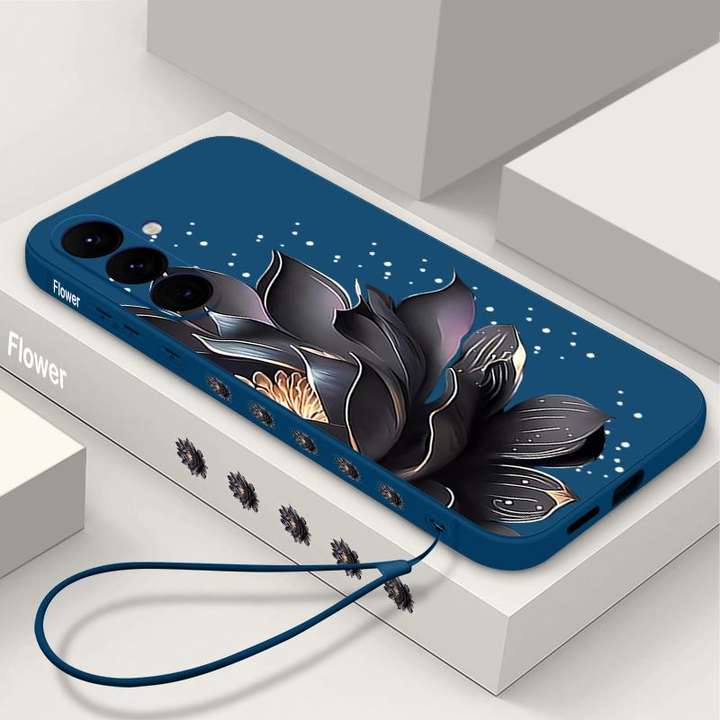 Black Flowers Printing Lanyard Case For Samsung Galaxy S25 Ultra S24 S23 S22 Plus S21 FE A15 A16 A35 A36 A54 A55 A56 5G Capa Coque