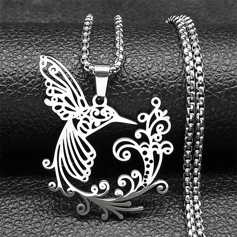 Flower of Life Hummingbird Stainless Steel Pendant Necklace for Women Men Animal Birds Chain Jewelry Accessory