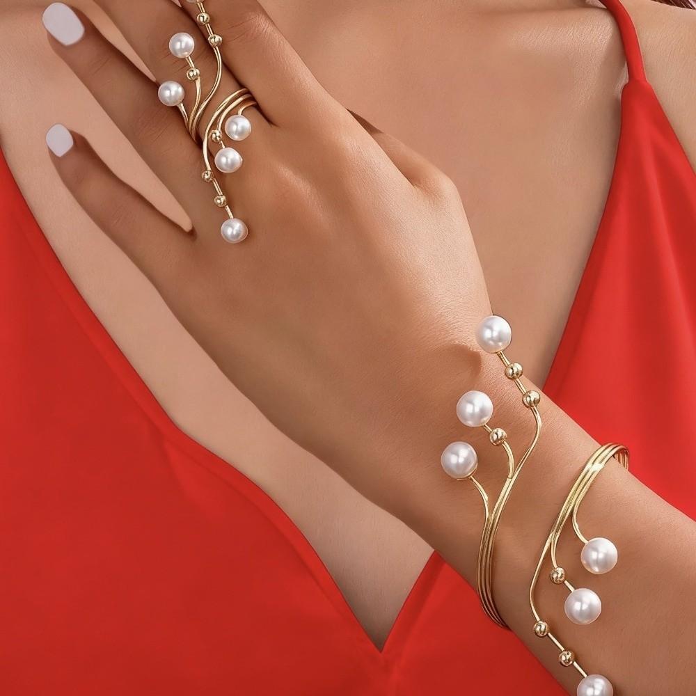 Imitation Pearl Open Arm Bangle Adjustable Armband Vintage Bracelet Ring Set Arm Accessories