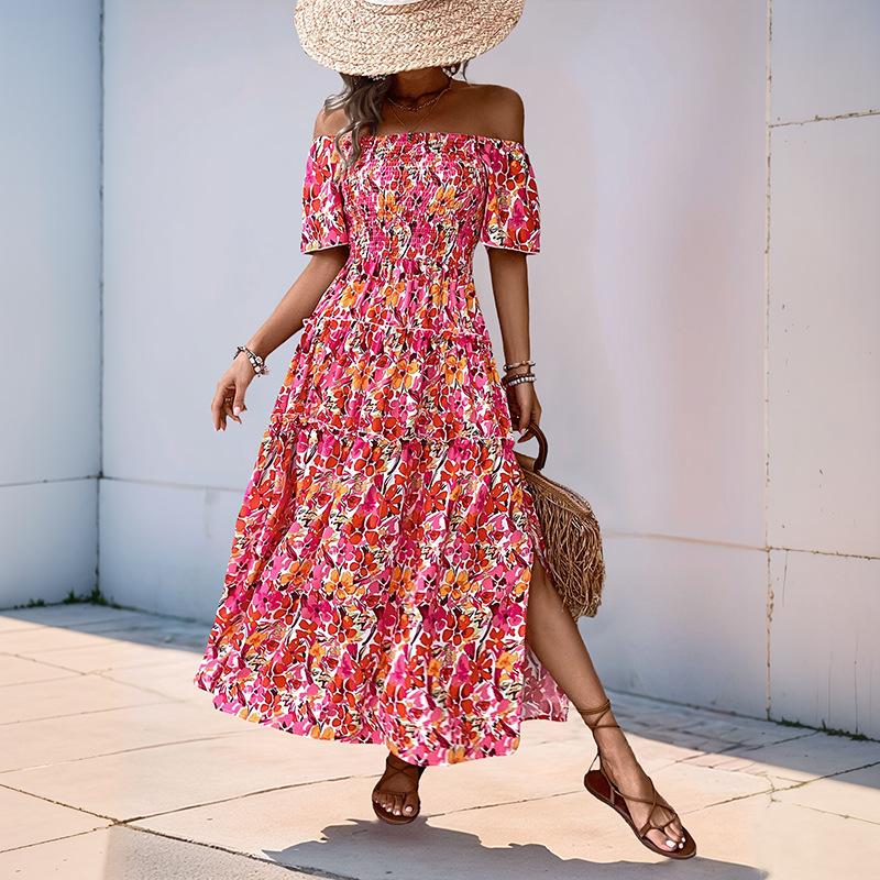 

2025 новое богемное платье с открытым плечом, рукавами-пузырями и цветочным принтом XL красный