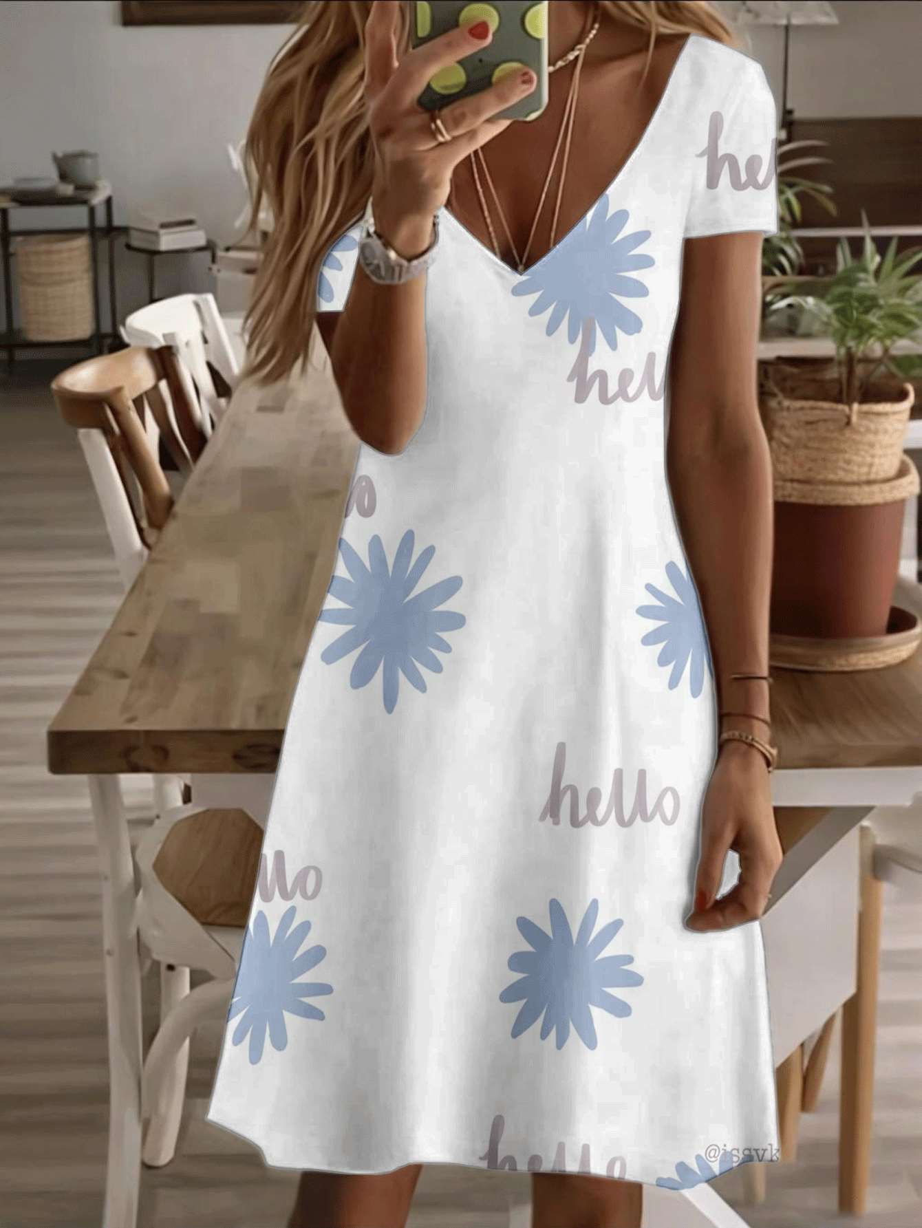

Vneck shortsleeve midi dress Hello Daisy print pattern 3D premium printing durable casual fashion summer women’s outfit breathable soft fabric comfort 9XL дубильна кора