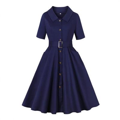 European & American Women's Retro Mid-Sleeve Turn-Down Collar Solid Color Dress with Pockets