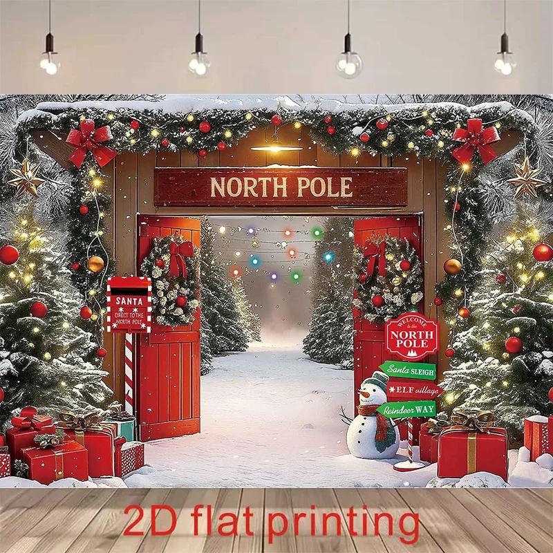 2D flat polar Christmas background fabric, 1 piece, featuring a Christmas man workshop archway, a snowman and an elf doorZL