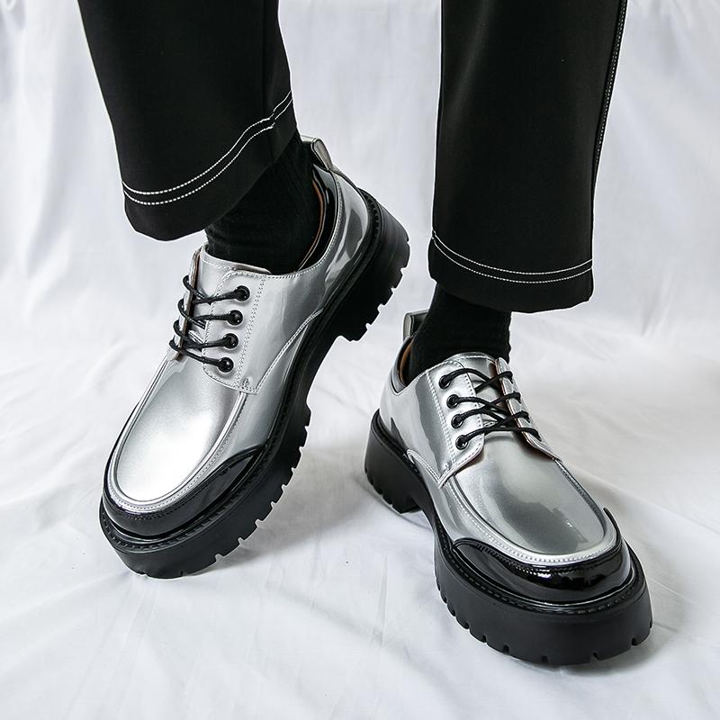 Fashion Thick Sole Shoes Men Business Casual Glossy Leather Dress Shoes Increase Height 4.5cm Casual Shoes Black White Gold Silver