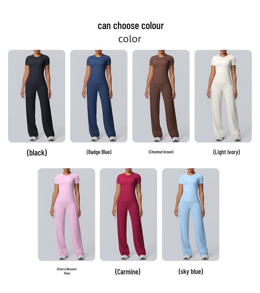 Tvådelad Enfärgad Yoga-dräkt: Dubbelsidig borstad långärmad topp med vida byxor för träning, löpning och fitness