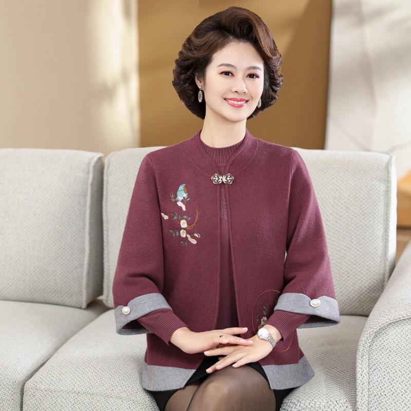 Middle-aged and old women's wedding sweater jacket two-piece set, mother's autumn and winter new suit, fashionable mother-in-law top