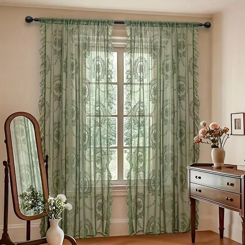 1 Stück Grüne Spitzenvorhänge Wohnzimmer- und Schlafzimmer-Trennvorhänge Fertige Gaze-Rollos Perforierter Lotusblatt-Spitzenstangen-Stil Schlafzimmergardinen