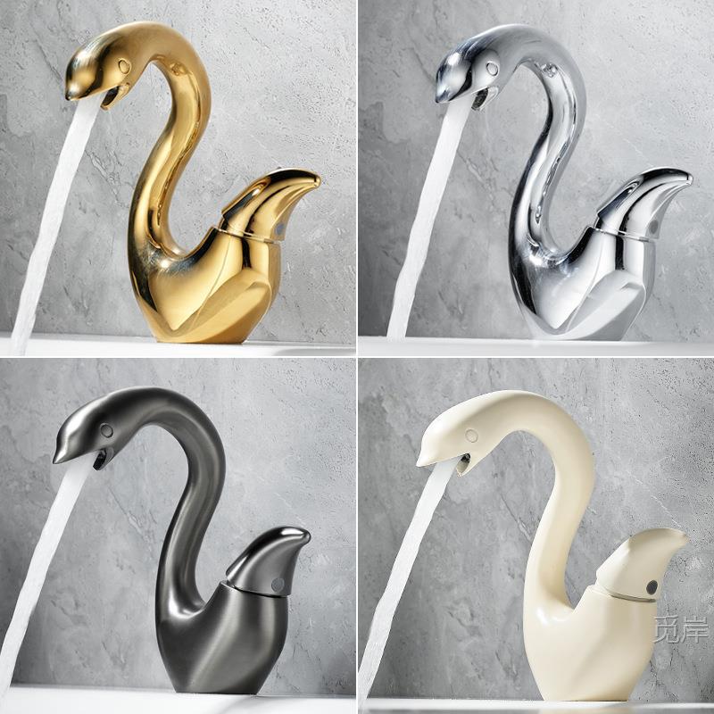 Gold Creative Swan Basin Faucet, Solid Brass Bathroom Vanity Sink Faucet, Hot and Cold Water Faucet, Gunmetal Gray