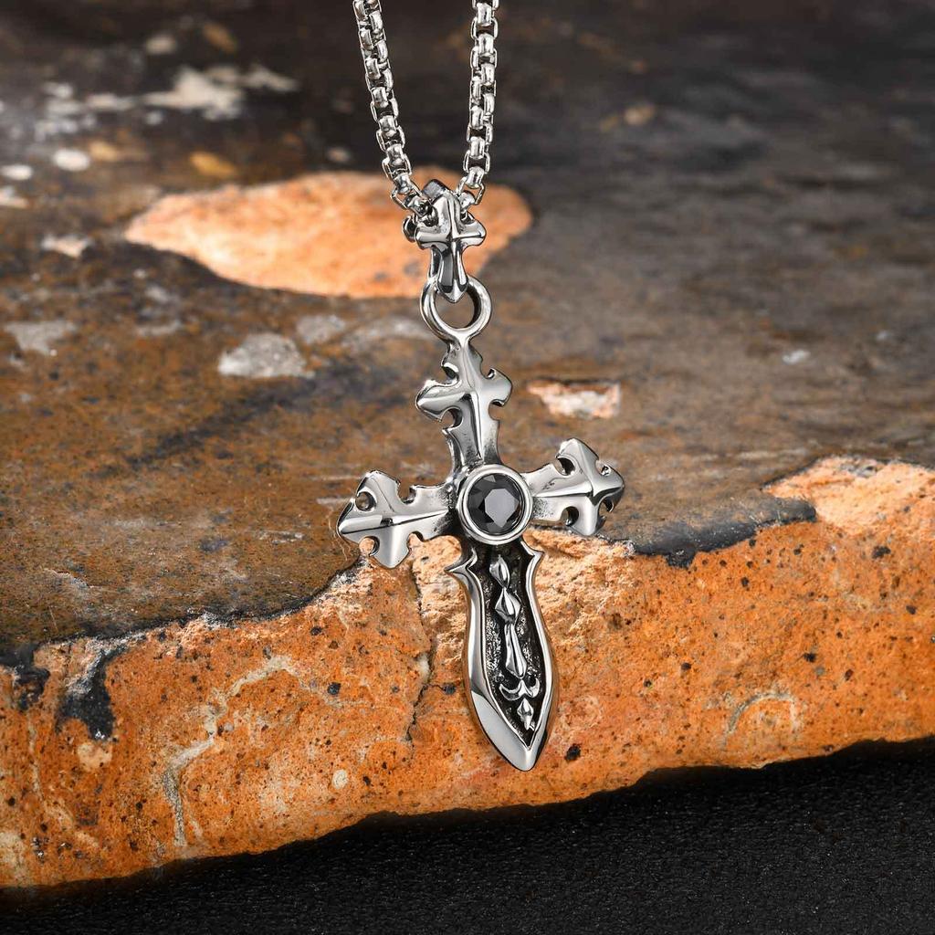Vnox Sword Pendant with Black Zircon Necklace for Men, Stainless Steel Waterproof Box Chain Retro Punk Jewelry Gifts for Son Dad