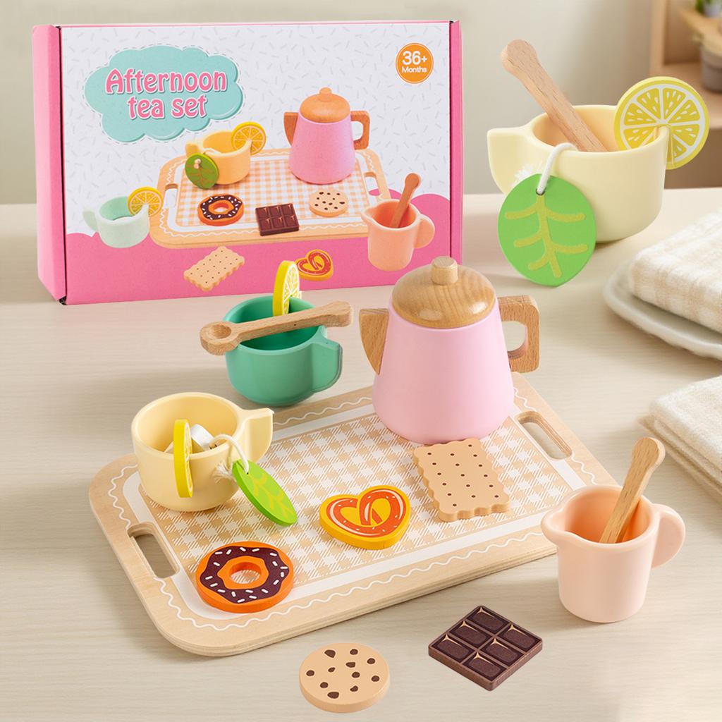 Montessori Wooden Tea Party Set for Kids Pretend Play Food Toy Set Kitchen Accessories Tea Time Party with Play Food for Girls