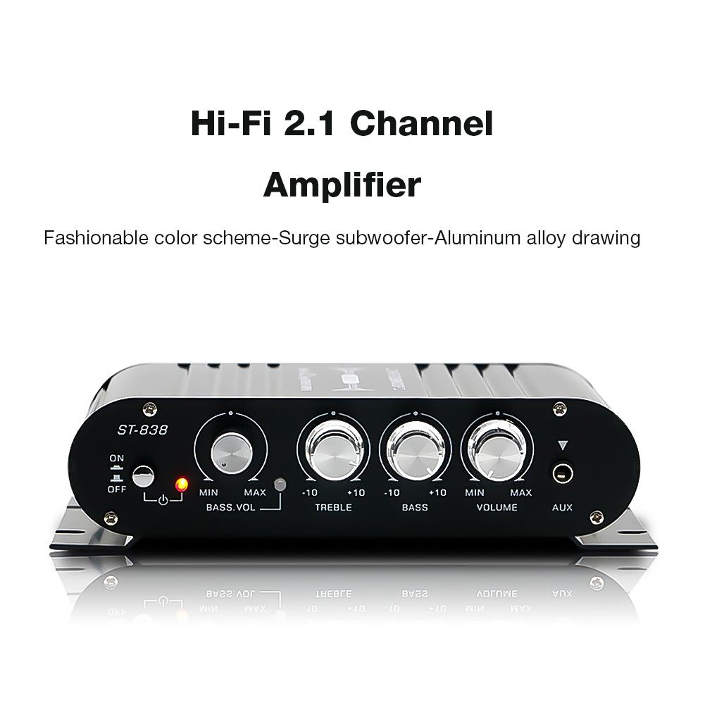 ST-838 HiFi 2.1 Channel Audio Amplifier Bass and Treble Adjustment 80W*2 Black Car Home Amp Mini Media Player