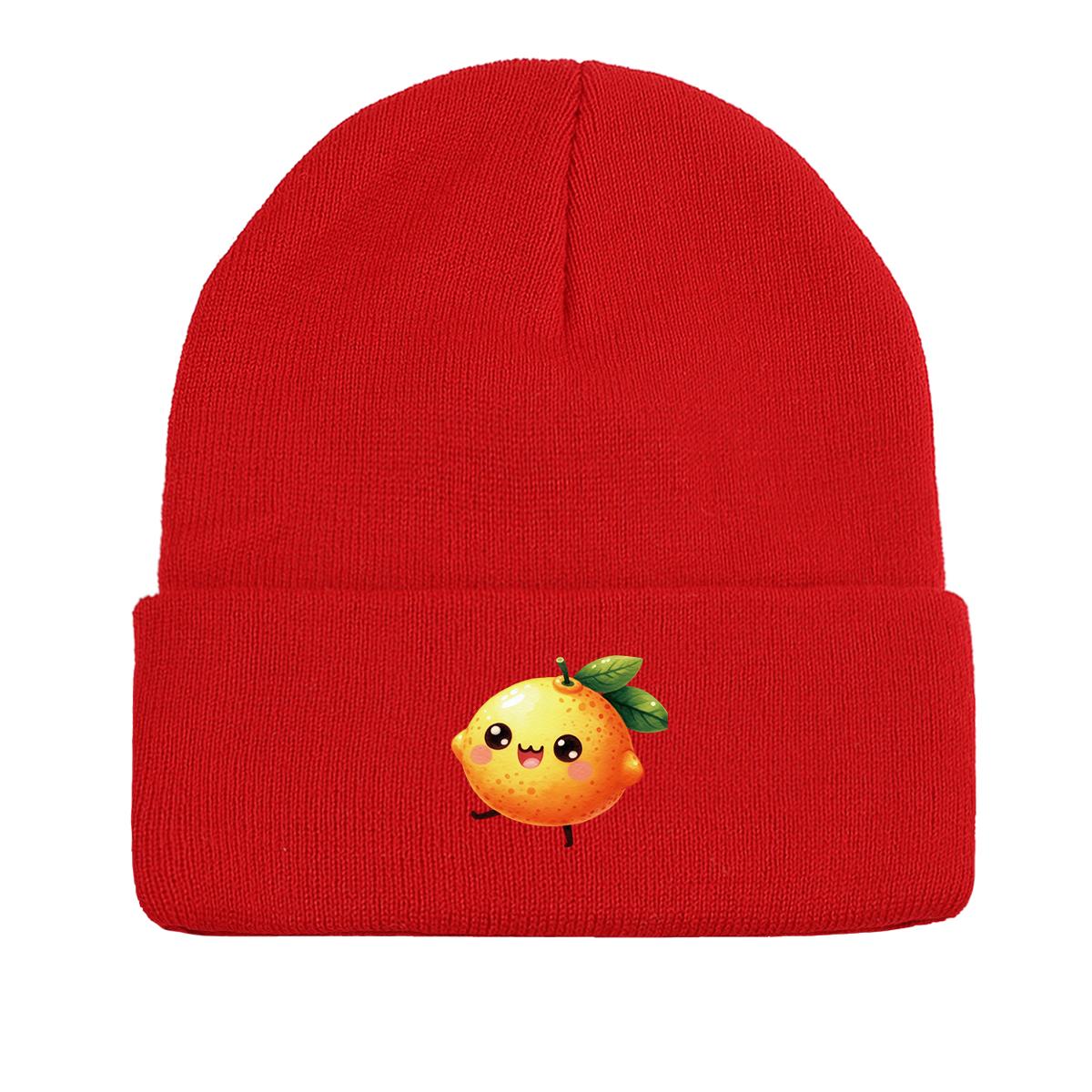 

Зимняя вязаная шапка с рисунком манго, шапка с изображением фруктового человечка, эластичная шапка с помпоном для отдыха, вязаная шапка, шапка as the picture красный