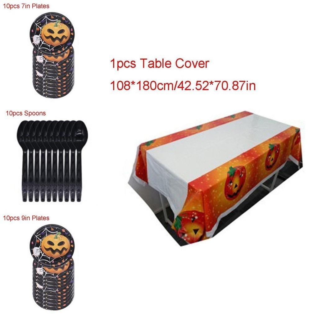 Happy Halloween Party Decoration Supplies Pumpkin Tablecover Straws Paper Plates