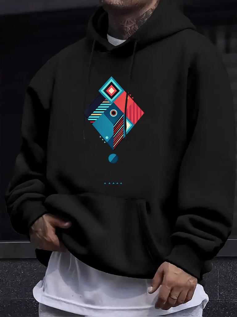 American/European Style unisex Autumn/Winter Printed Hooded Long-Sleeve Sweatshirt, Ethnic-Style Diamond Geometric Print Hooded Sweatshirt, Contrastin