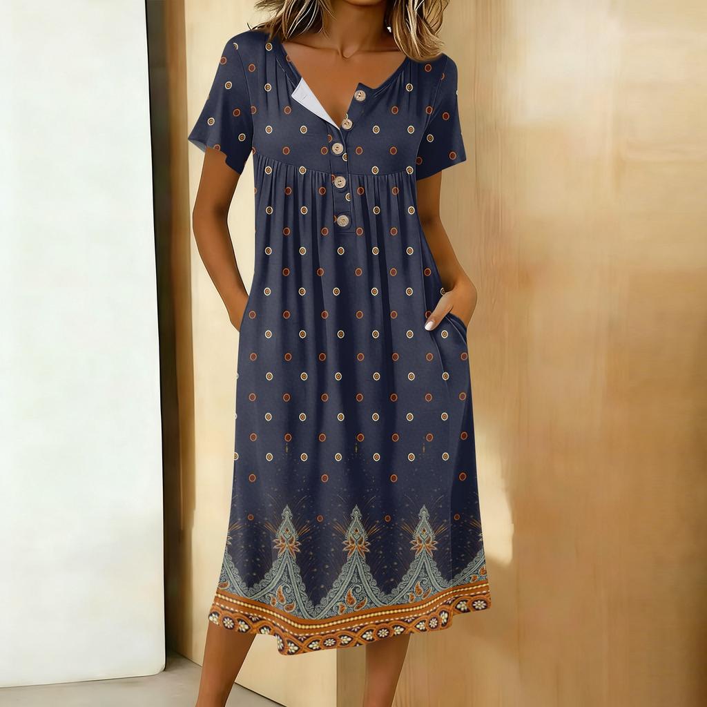 Dámské módní retro tištěné kulatý výstřih krátký rukáv knoflíky střední délka ležérní šaty