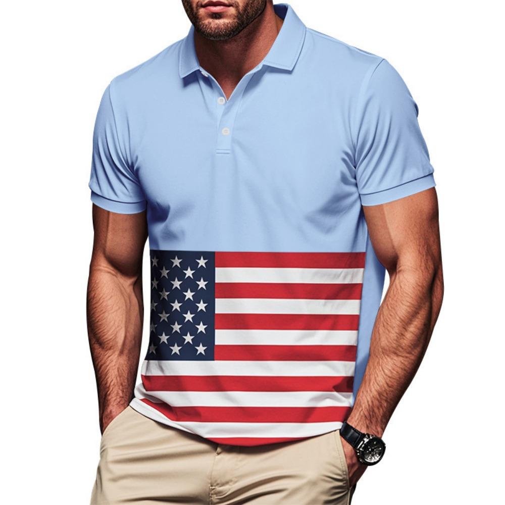 

American Style Hot Selling Summer New Men s Casual Digital Printed Lapel Short Sleeved Polo Shirt Top 3XL небо синє кольору