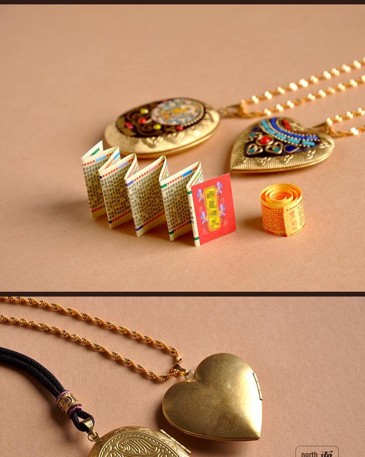 Vairochana Yellow Tibetan Amulet: Brass Box Pendant Necklace with Jambhala & Avalokiteshvara Hollow Design