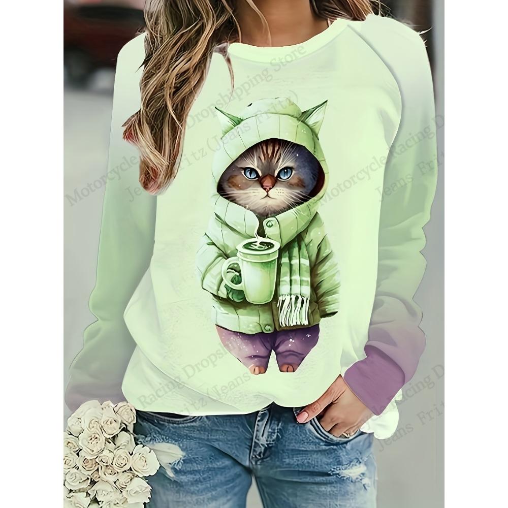 Lustige Cartoon-Katzen 3D-gedruckte Sweatshirts für Damen, modische Tier-Sweatshirts mit Rundhalsausschnitt für Damen, lässige Langarmbekleidung