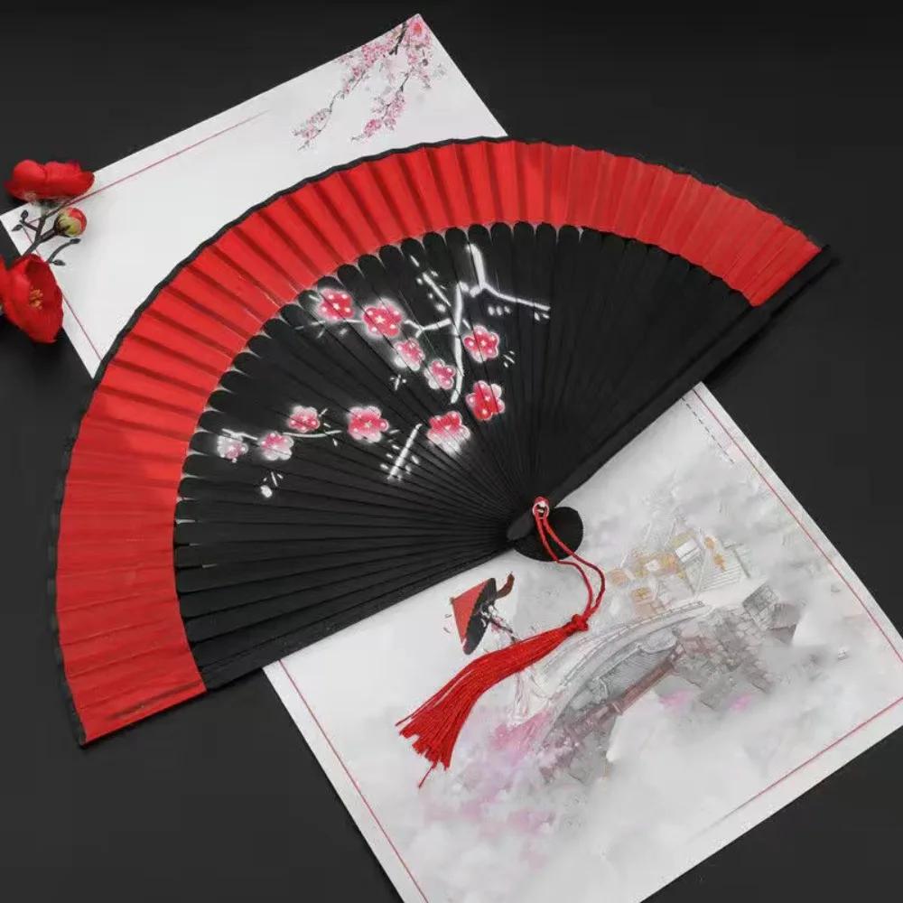 Exquisite Tassel Folding Fan with Tassel Chinese Style Blossom Printing Folded Fan Portable Classical Elegant Handheld Fans