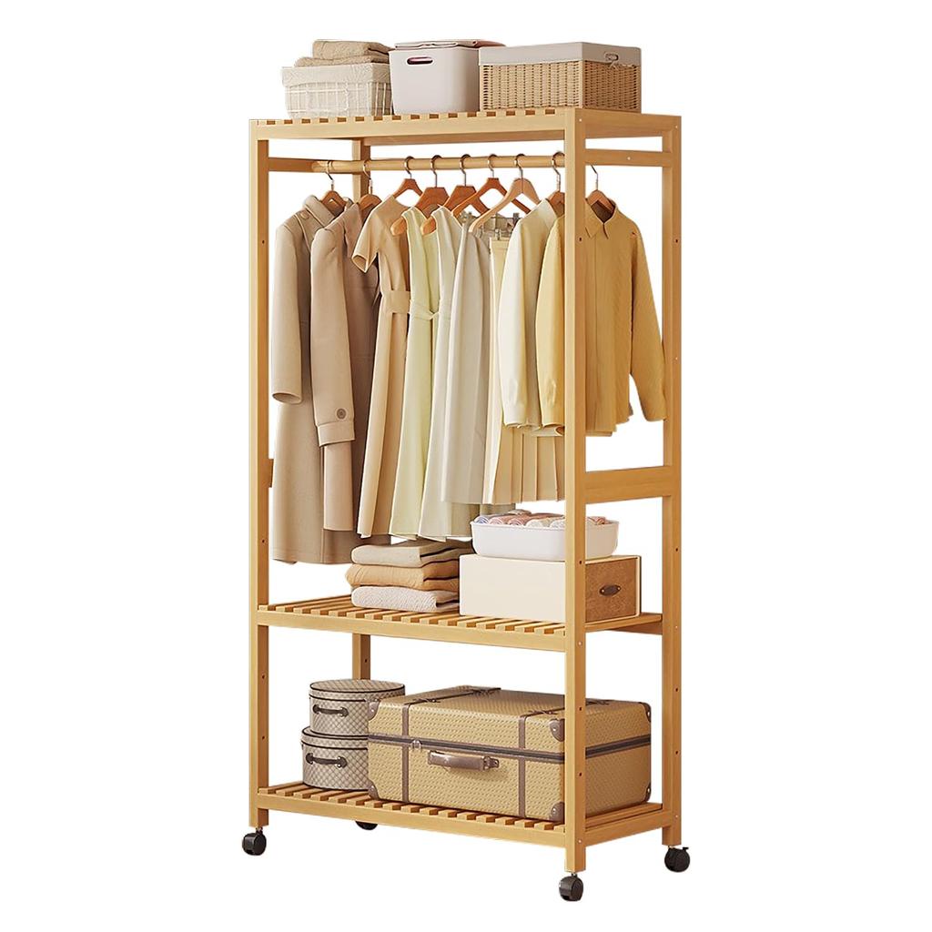 Huaniun Clothes Rack with Slim Bamboo 3 Large Clothes Visible Coat 83cm Wide x 34cm Deep x 160cm High Casters, Construction, Shelves, Capacity, Rack,