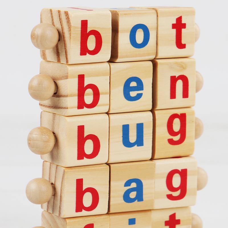 Wooden Word Spelling Game Alphabet Learning Toys for Preschool Boys and Girls Letters Reading Building Blocks Game with 24 Cards