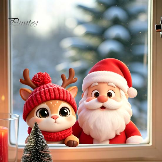 Seasonal Glass Door Decor Santa Claus Reindeer Window Cling, Christmas Static Sticker Holiday Decals for Party, Removable Reusable Decoration