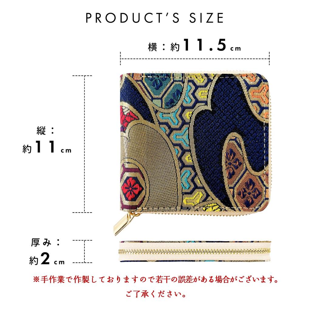 Nishijin-ori Wallet, Bi-fold, Coin Purse, Compact, Thin, Card Slots, Round Zipper, Wave Pattern