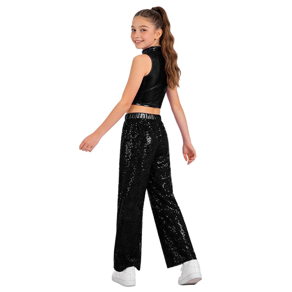 Kids Jazz Dance Costume Sleeveless Mock Neck Metallic Top and High Waist Sparkle Sequin Pants for Stage Competition