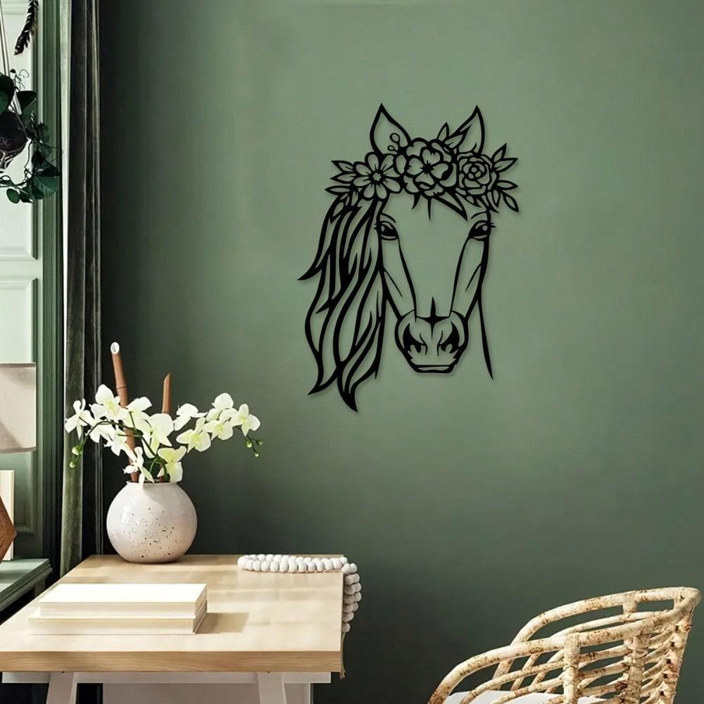 Vintage Metal Horse & Flower Wall Art for Living Room, Office, Bar & Halloween Decor