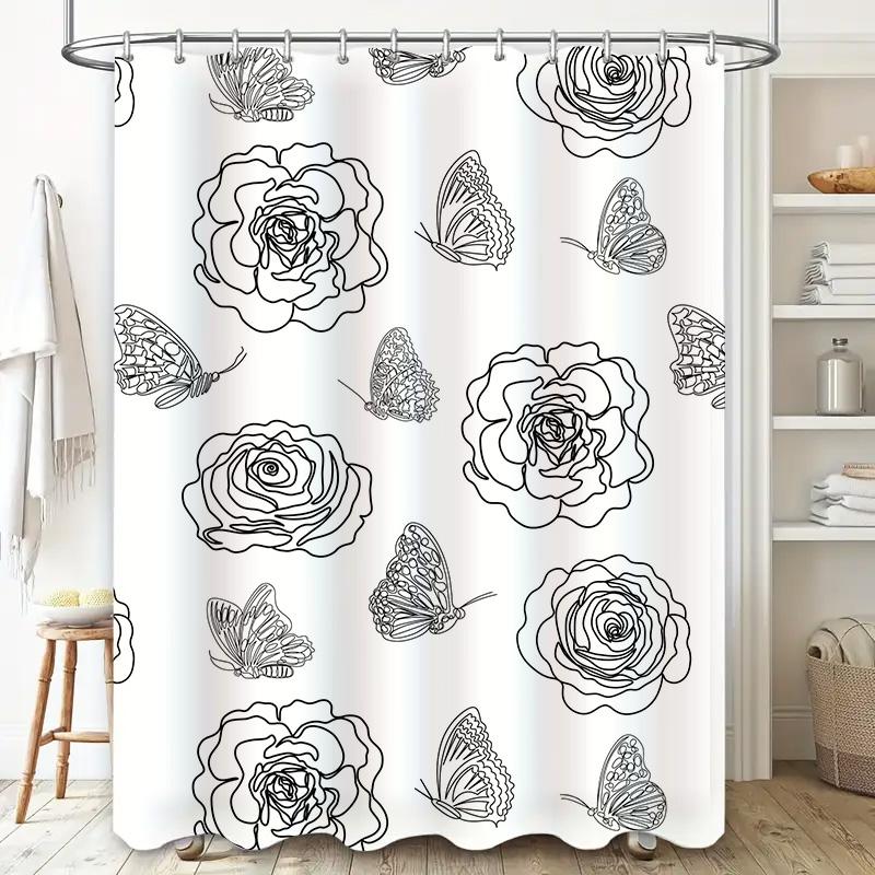 White Flower Butterfly Print Shower Curtain Waterproof Bathroom Decoration Home Decorations for Bathrooms White 120x72in (304*18