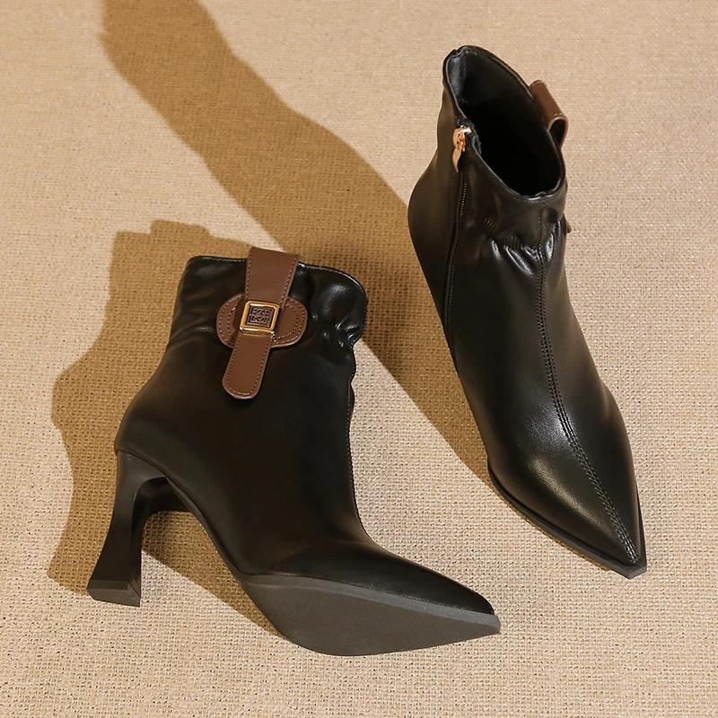 

Женские хлопковые ботильоны на тонком каблуке, зимние новые, с острым носком, боковой молнией, металлической пряжкой, противоскользящие, износостойкие, короткие ботинки 34 чёрный