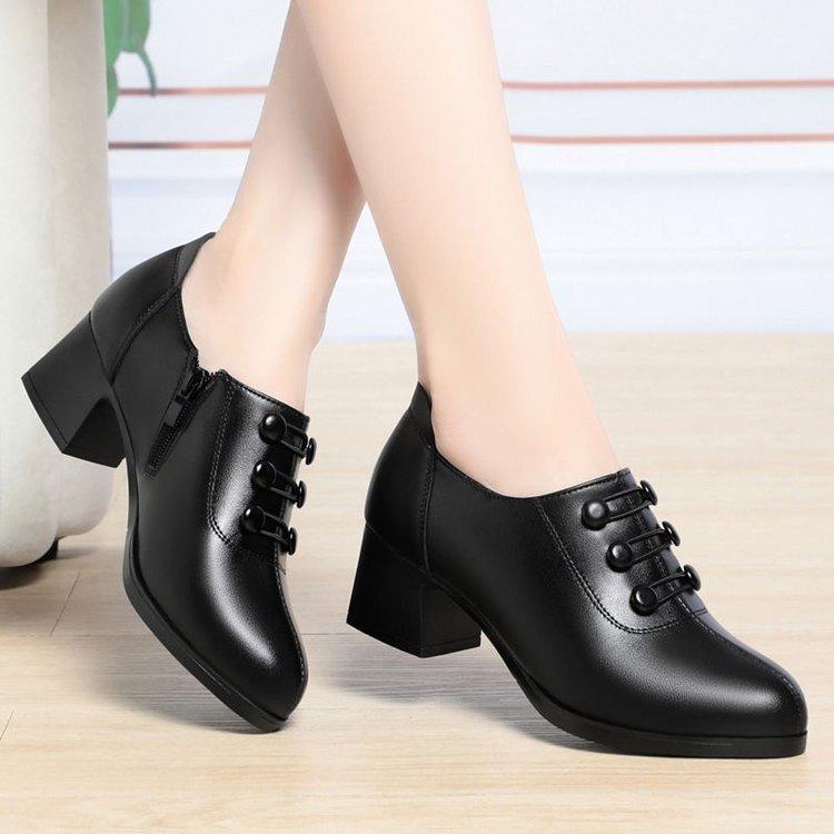 Coarse-heeled single shoes New soft-soled mid-heeled leather shoes in autumn