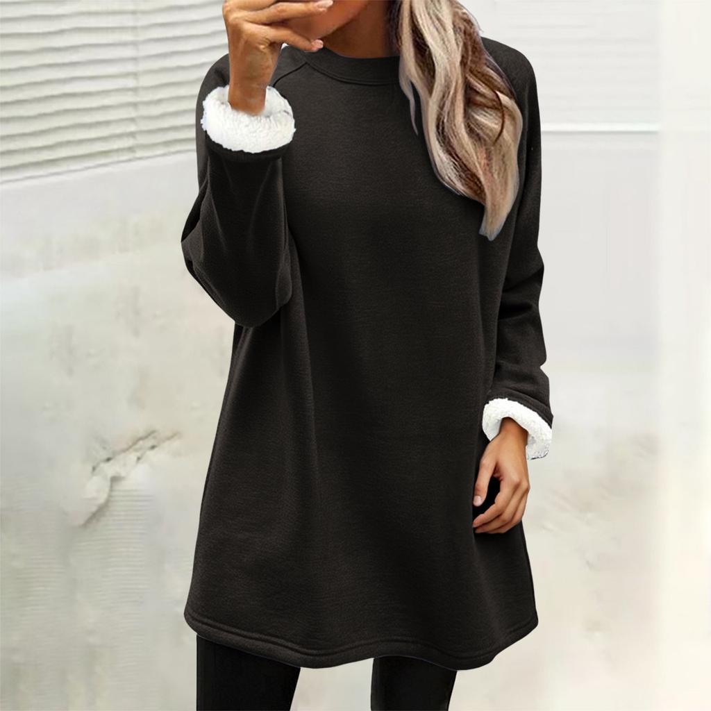 Women's Solid Fleece Lined Sweatshirt Dress Crew Neck Long Sleeve Loose Warm Casual Home Wear Winter Mini Dress