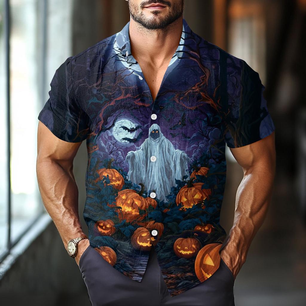 Men's Fashion Casual Loose Halloween Printed Short Sleeve Shirt