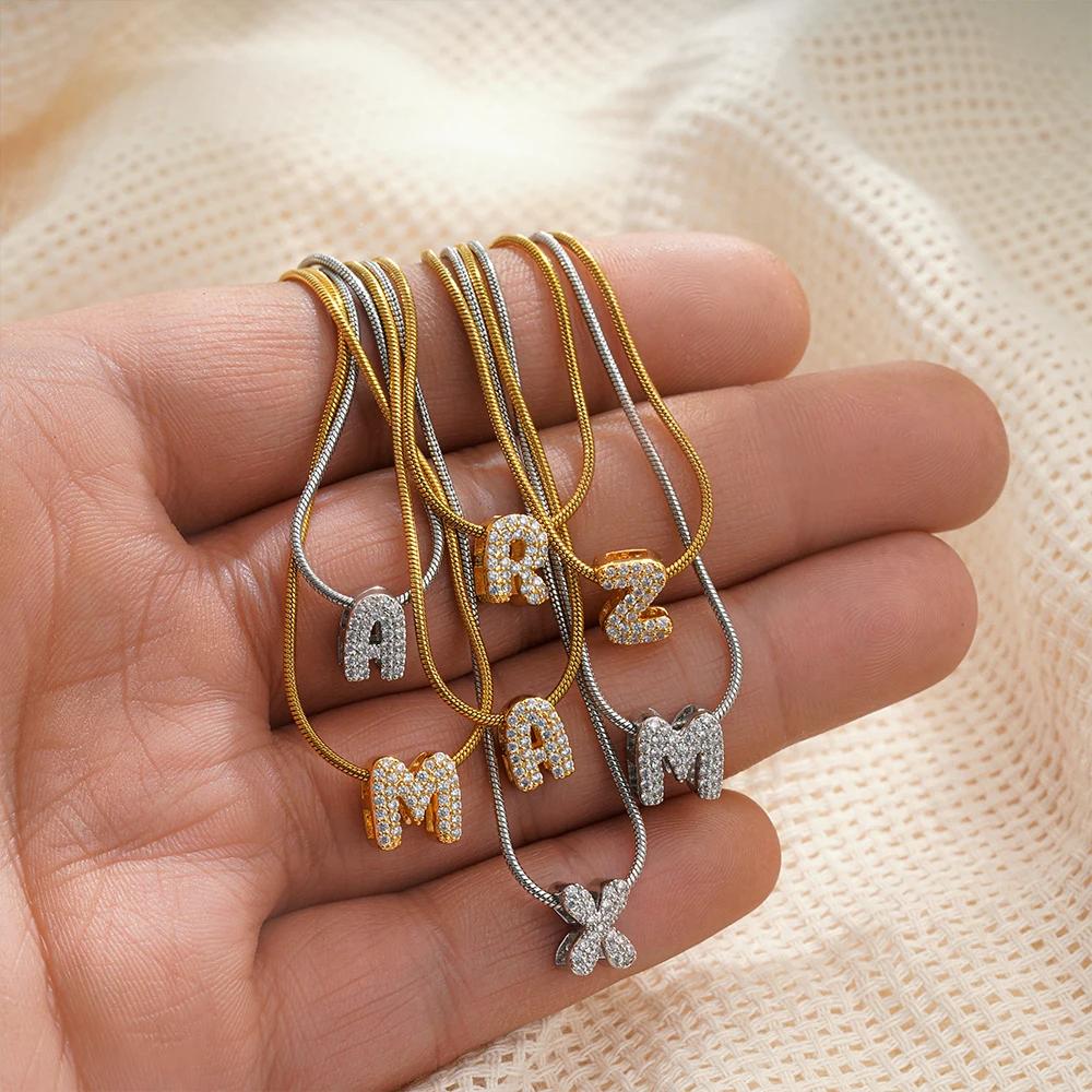 A-Z 26 Letter Pendant Necklace Mini Thick Initial Alphabet Choker for Women Pave Cubic Zirconia Stainless Steel Birthday Gifts A