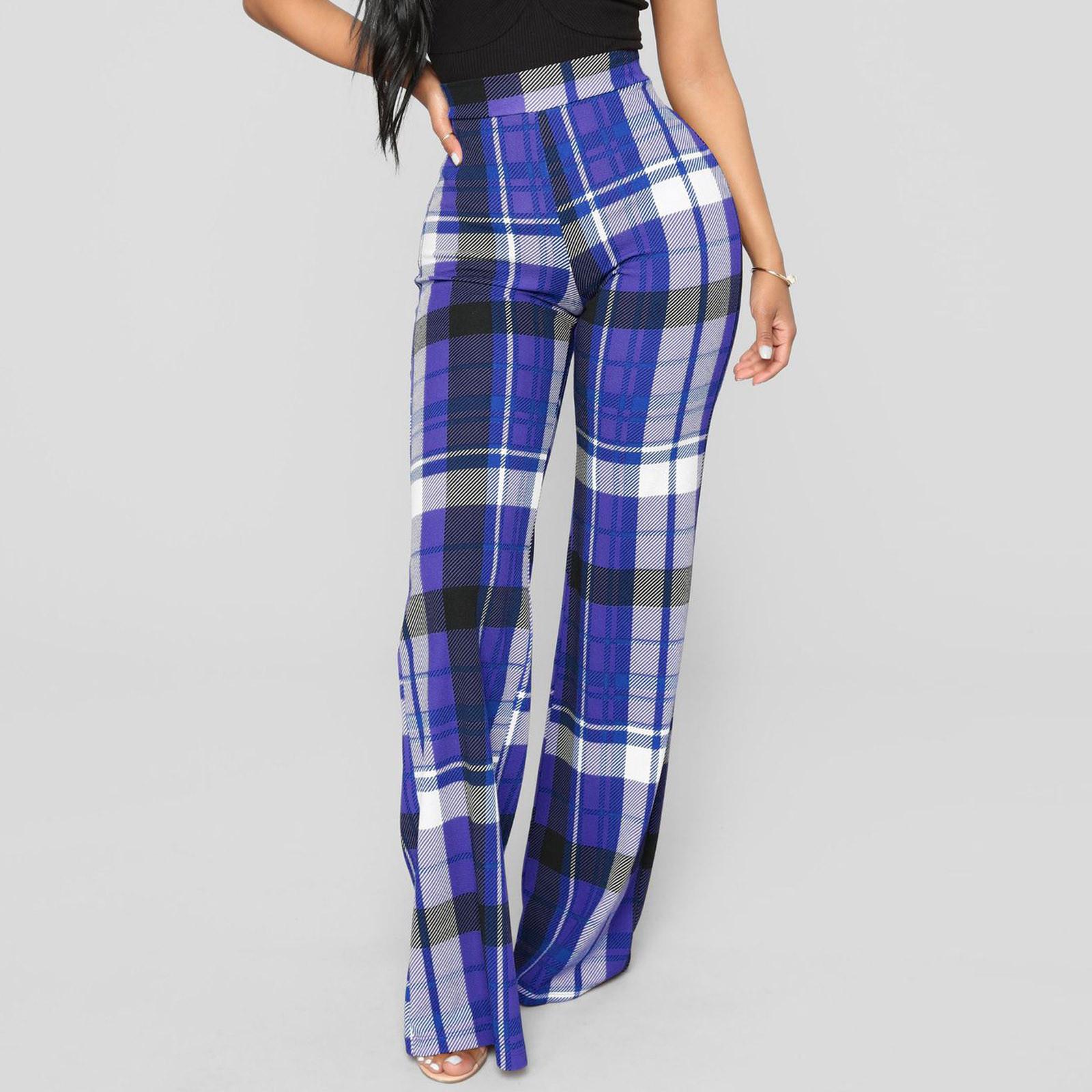 Модные женские широкие брюки с высокой талией и принтом в клетку, свободные брюки M синий