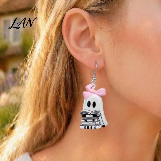 Comfortable Daily Earrings Cute Reading Ghost Earrings, Sweet Bowknot Drop Lightweight Acrylic Halloween Jewelry for Women Girls Dangle