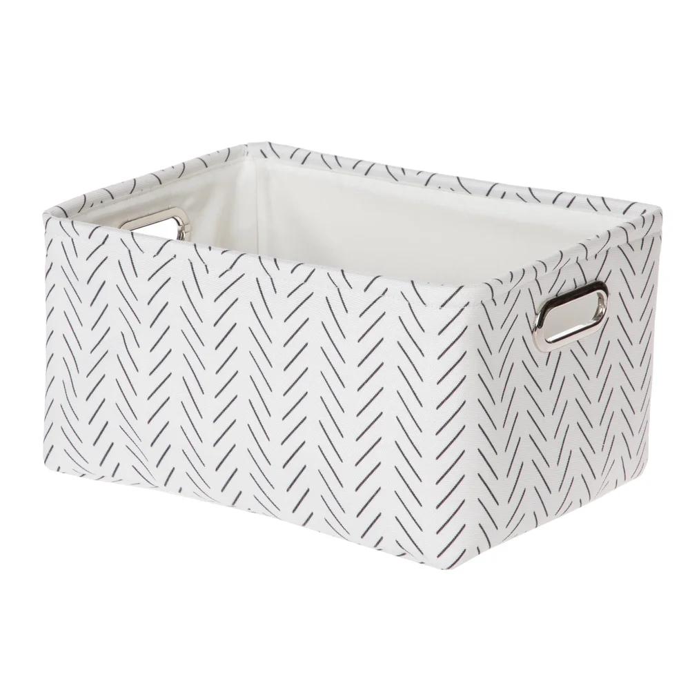Black White Lines Canvas Storage Basket Decorative Organizing Bin with Handles Rectangular Recycled Polyester Easy Clean Home