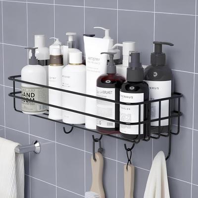 Edelstahl Badezimmerregal für die Wand, Selbstklebender Badezimmer-Organizer, 4 Haken für Handtuchhalter, Platzsparendes Wandmontiertes Badezimmerregal