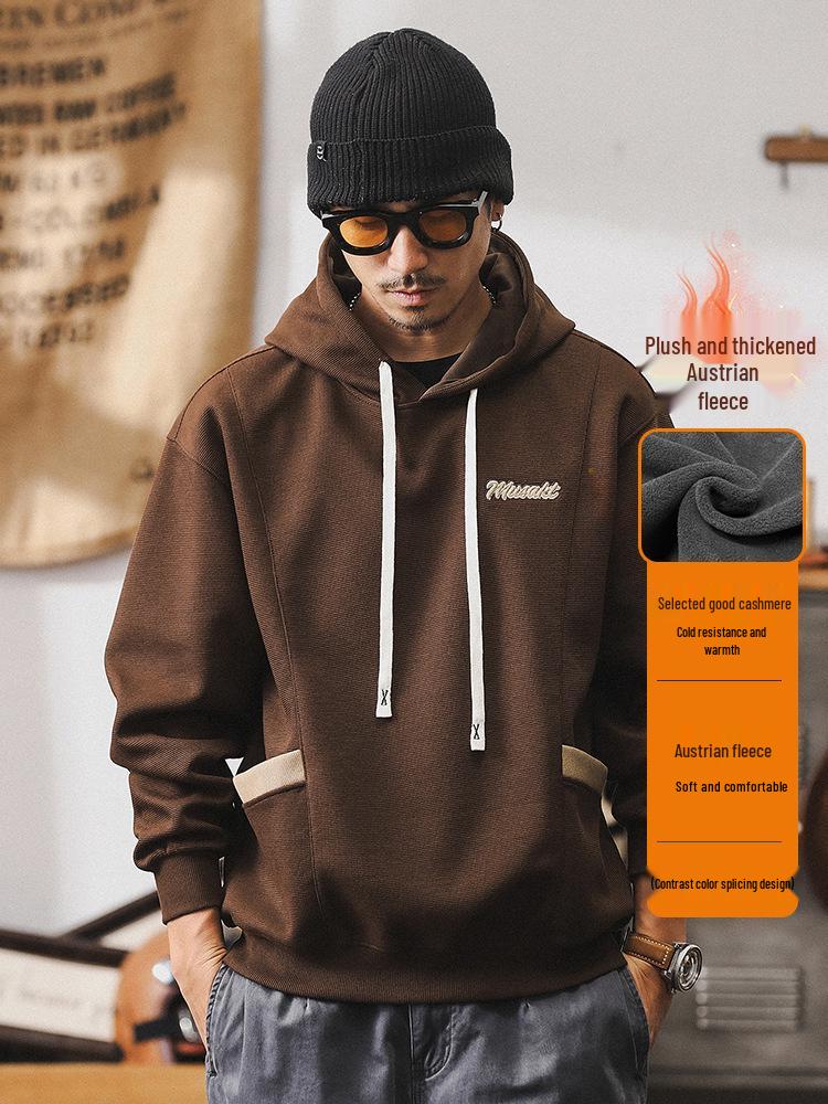 360g Herren Lockerer Schwerer Farbblock-Hoodie - Retro Frühling/Herbst Gestickte Lässige Jacke