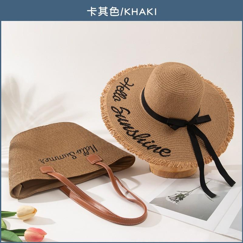 Large Straw Tote Bag Sun Hat Set Women Beach Vacation