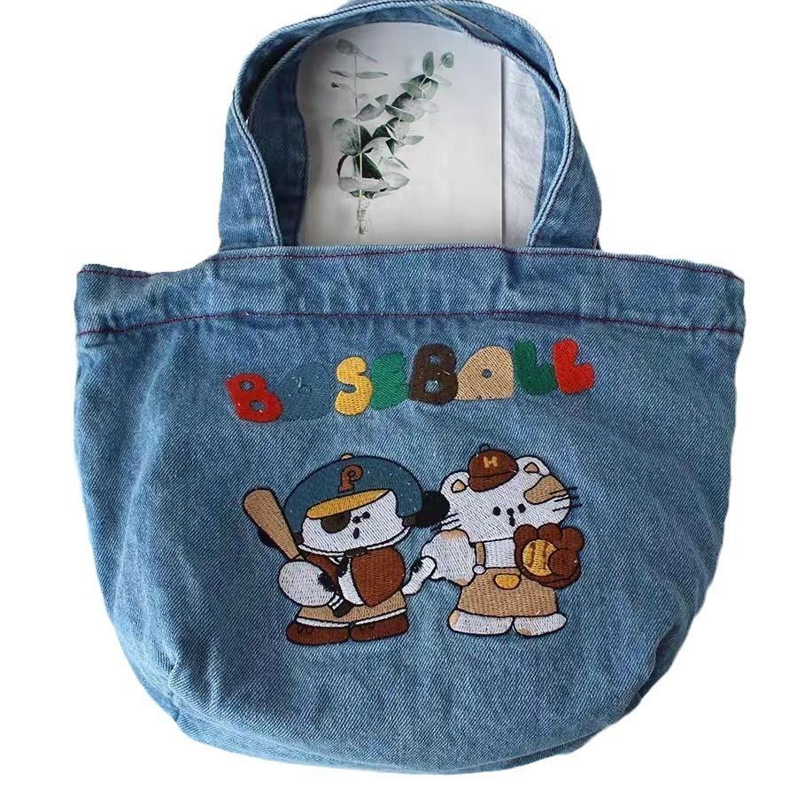 Японский мультяшный вышитый выбеленный деним большая вместимость сумка-тоут городской минималистичный стиль StyleC