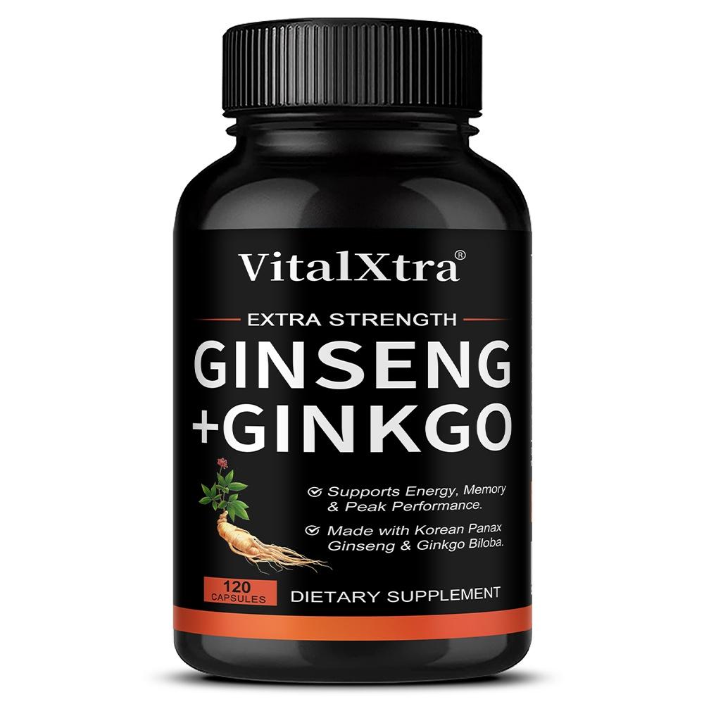 VitalXtra Ginseng + Ginkgo Capsules, Extra Strength, Korean Panax Ginseng Root with Ginkgo Biloba Extract, 120 Caps