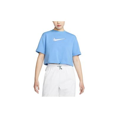 Casual Round Neck Pullover High Waist Cropped Drawstring Stitching Short Sleeve Drop Shoulder T-Shirt Women T-Shirt Blue DM6745-412