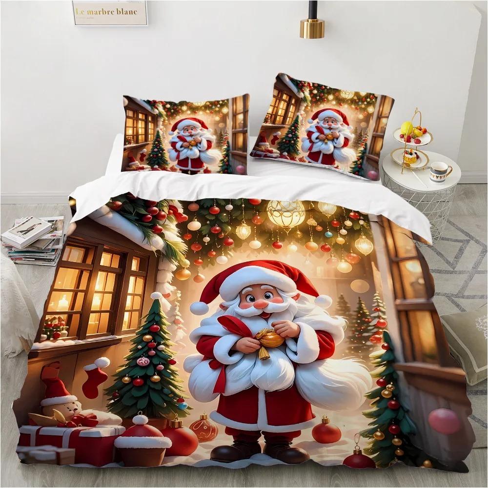 3D Christmas Santa Reindeer Print Duvet Cover Set, Soft Microfiber Winter Holiday Bedding Set With Pillowcases