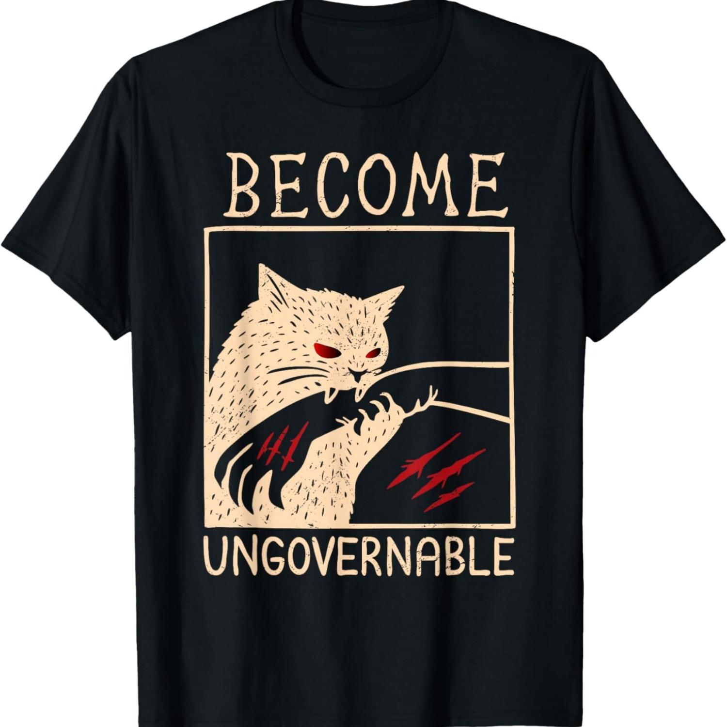 Become Ungovernable Cat Biting Hand Funny Meme T-Shirt S чёрный